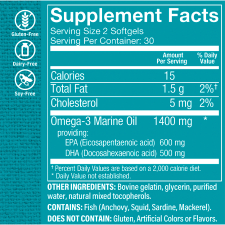 Supplement Facts label for High Potency Omega-3 Fish Oil Minis 1400 MG