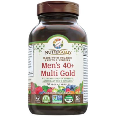 NUTRIGOLD MEN'S 40+ MULTIVITAMIN 90cap (Organic, nonGMO, wholefood vitamins and minerals from real fruits, vegetables, and herbs. Now includes Astaxanthin 