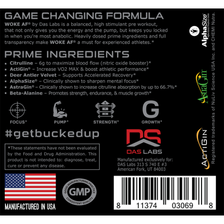 Woke AF High-Stimulant Pre-Workout Blood Raz label