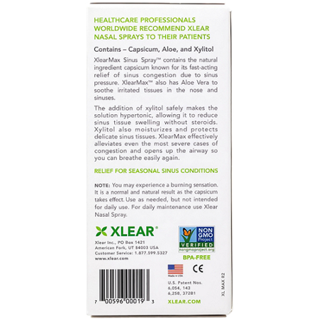 Xlear Natural Saline Sinus Spray Maximum Relief with Capsicum box back