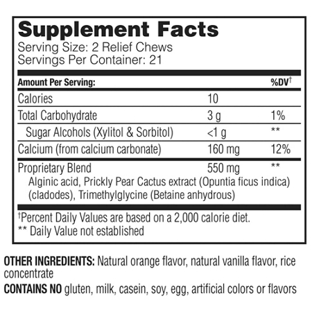 Supplement Facts label for Enzymedica Heartburn Soothe Chews Vanilla Orange
