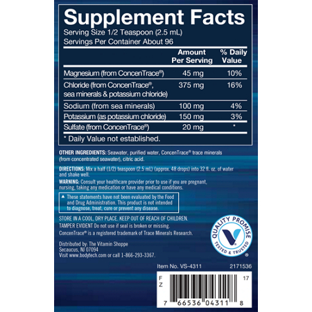 Supplement Facts label for BodyTech Liquid Electrolytes Supports Hydration