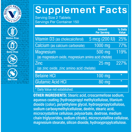 Supplement Facts label for Calcium Magnesium Zinc with Vitamin D tablets