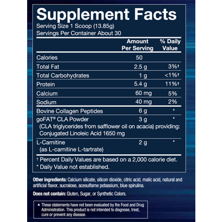 Supplement Facts label for BodyTech CLA Carnitine Collagen Powder Blue Ice Pop