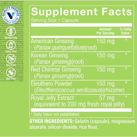 Ginseng Complex Supplement Facts label for energy support