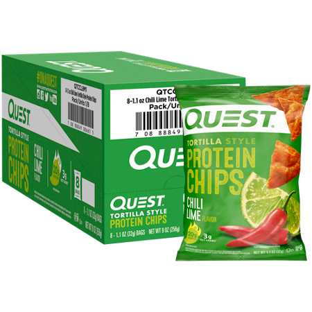 Quest Tortilla Protein Chips Chili Lime box and bag front