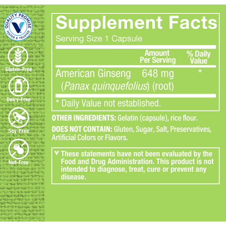 Supplement Facts: American Ginseng 648 MG capsules label
