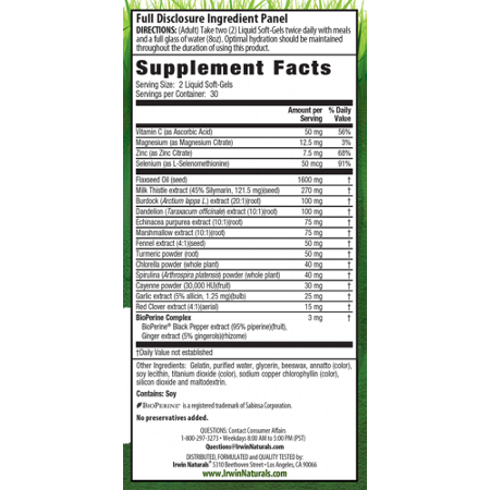 Label for Irwin Naturals Liver Detox Softgels 540mg.
