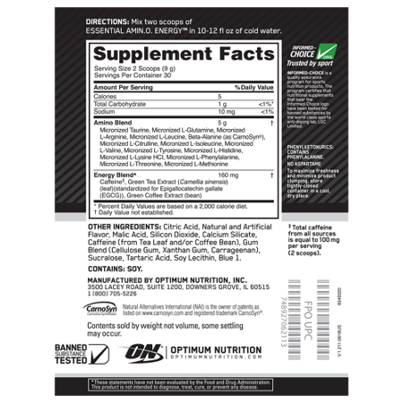 Optimum Nutrition AMIN.O. ENERGY Blueberry Lemonade label