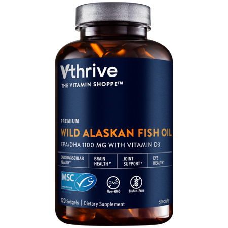Vthrive Premium Wild Alaskan Fish Oil with Vitamin D3 softgels bottle front