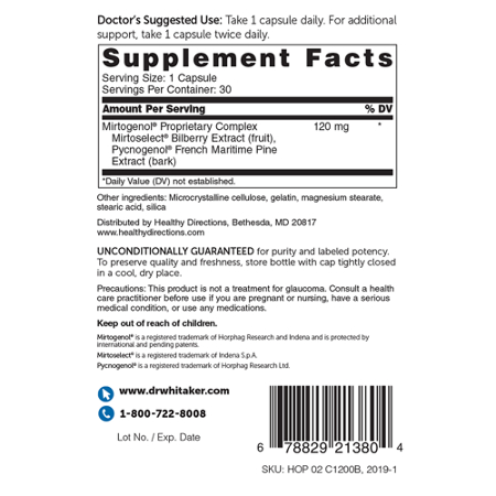 Supplement Facts label for Dr Whitaker Ocular Pressure & Retina Defense