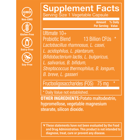 Supplement Facts label for Ultimate 10+ Probiotic 13 Billion CFUs