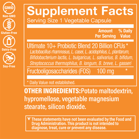 Supplement Facts label for Ultimate 10+ Probiotic 20 Billion CFUs