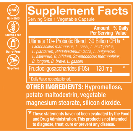 Supplement Facts label for Ultimate 10 Probiotic 30 Billion CFUs