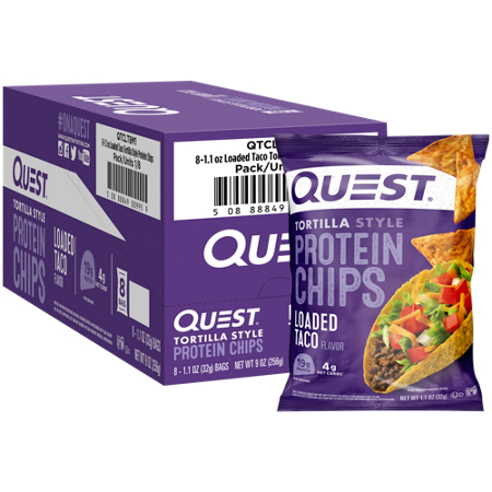 Quest Nutrition Tortilla Style Protein Chips Loaded Taco box and bag front