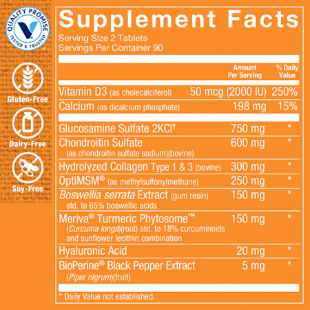 Supplement Facts label for Ultimate Gold Joint Care Tablets