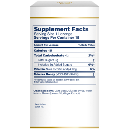 Manuka Honey Lozenges label with Vitamin C Ginger & Lemon