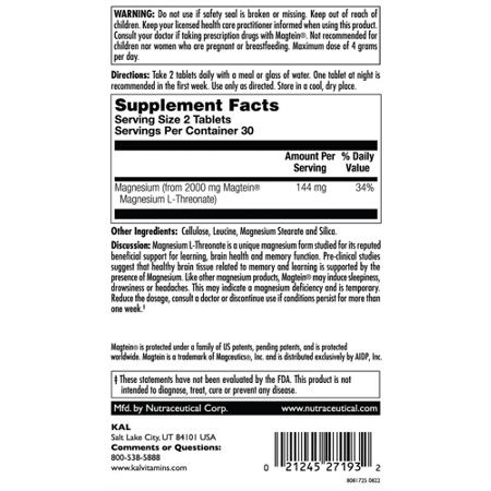 Supplement Facts label for KAL Think Magnesium L-Threonate 200 MG Tablets