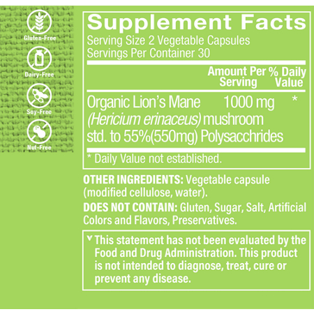Supplement Facts label for Lions Mane Nootropic Mushroom Formula 1000 MG
