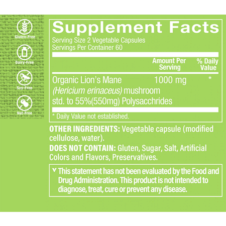 Lions Mane Supplement Label for Brain Support, 1000 MG