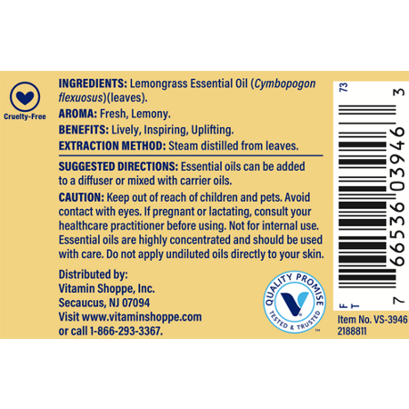 Directions for The Vitamin Shoppe Lemongrass 100 Pure Essential Oil