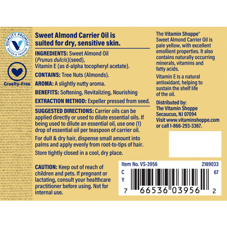 Directions for The Vitamin Shoppe Natural Sweet Almond Carrier Oil