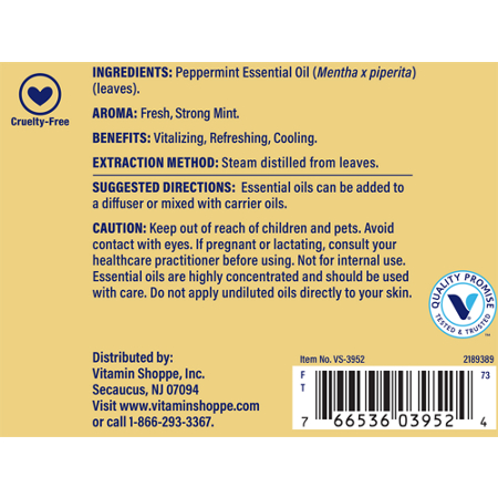 Directions for The Vitamin Shoppe Peppermint Essential Oil 4 fl oz