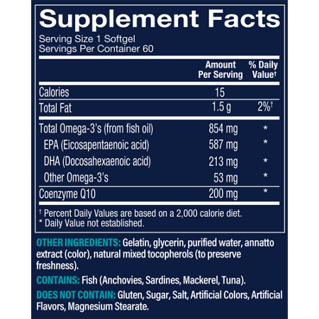 Supplement Facts label for Vthrive Omega-3 with CoQ-10 800 MG EPA/DHA