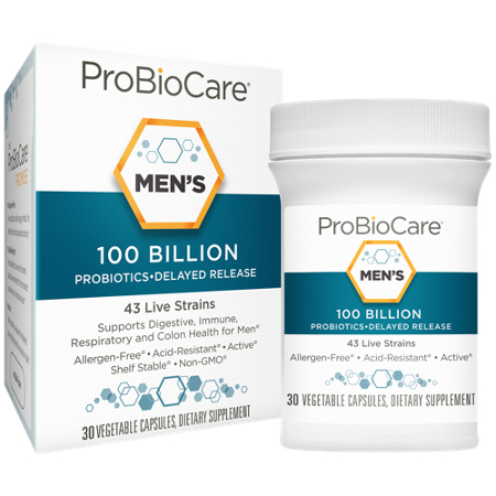 ProBioCare Men's 100 Billion Probiotics box and bottle front