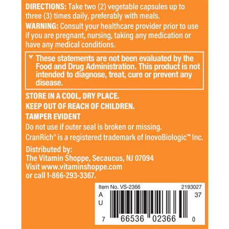 Directions for The Vitamin Shoppe Cranberry with D-Mannose Vegetarian Capsules