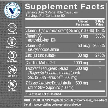 Supplement Facts label for Ultimate Man-T Testosterone for Men Capsules