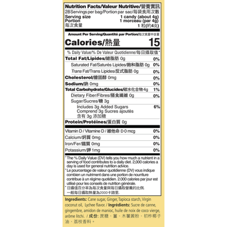 Supplement Facts label for Prince Of Peace Ginger Candy Chews with Lychee