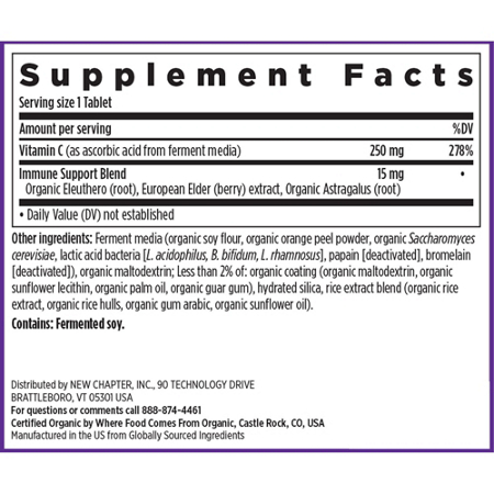 Supplement Facts label for New Chapter Fermented Vitamin C 250 MG Vegan Tablets