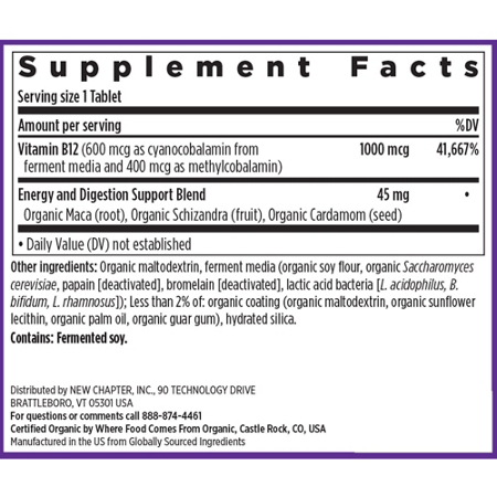 Supplement Facts label for New Chapter Fermented Vitamin B12 1000 MCG Tablets