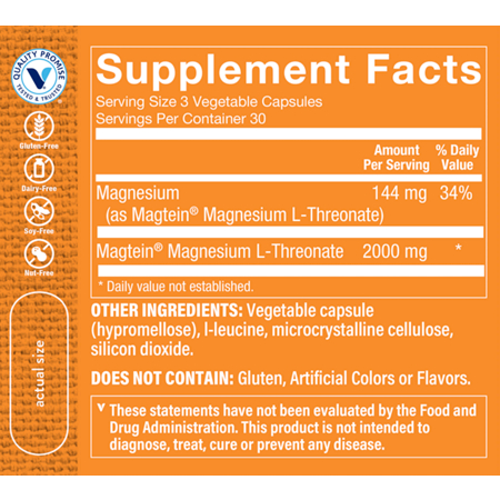 Supplement Facts label for Magnesium Threonate Supports Brain Health capsules
