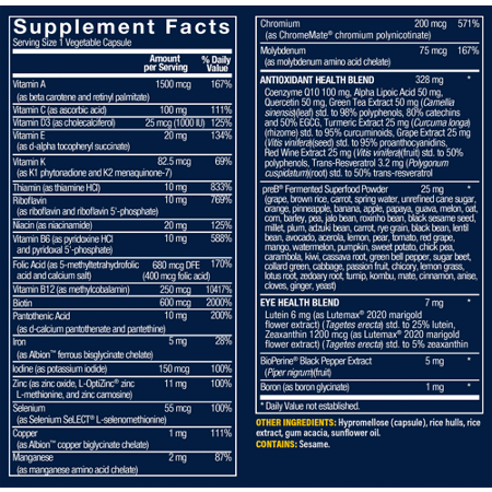 Supplement Facts label for Vthrive Once-Daily Bioactive Multivitamin for Women