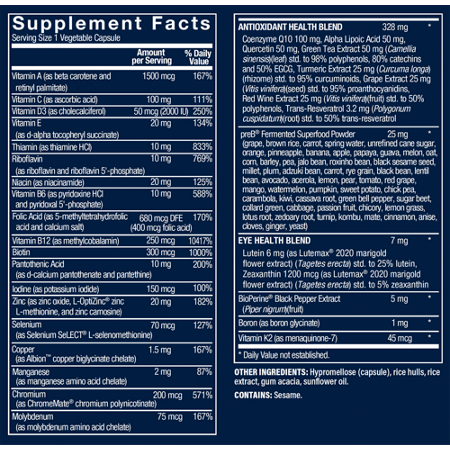 Supplement Facts label: Vthrive Men's Multivitamin 50 Capsules