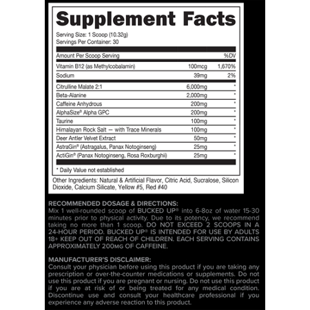 Supplement Facts label for Bucked Up Pre-Workout Killa OJ
