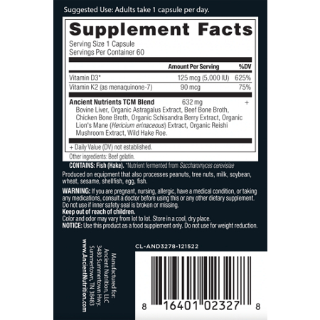 Supplement Facts label for Ancient Nutrition Vitamin D & K2