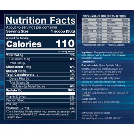 Supplement Facts label for BodyTech Whey Protein Isolate Powder Fruity Cereal