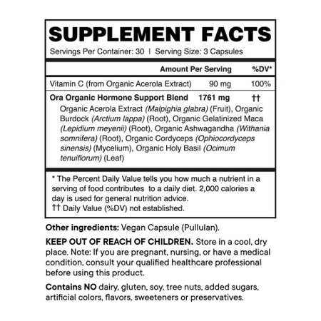 Supplement Facts label for Ora Organic Hormonious Hormonal Balance and Support