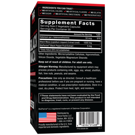 Supplement Facts label for Force Factor Black Maca