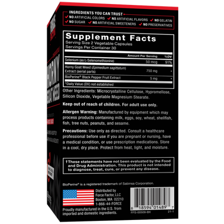 Supplement Facts label for Force Factor Horny Goat Weed Libido Support for Men