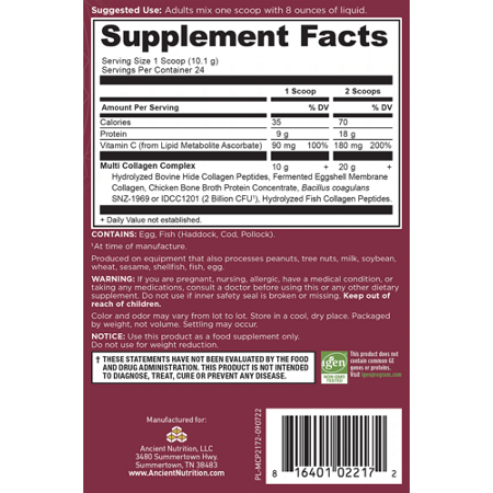 Supplement Facts label for Ancient Nutrition Multi Collagen Protein Powder