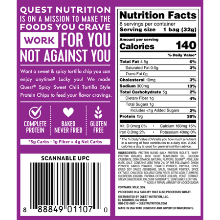 Quest Tortilla Style Protein Chips Spicy Sweet Chili label