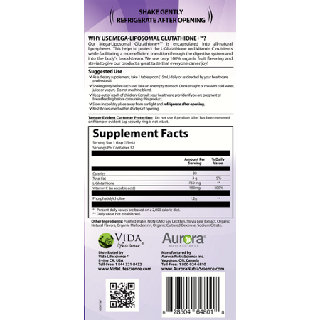 Supplement Facts for Vida Lifescience Glutathione 750 MG