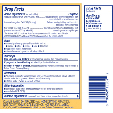 Boiron HemCalm Hemorrhoid Relief Tablets Label