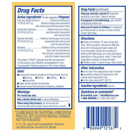 Drug Facts label for Boiron HemCalm Homeopathic Medicine Suppositories