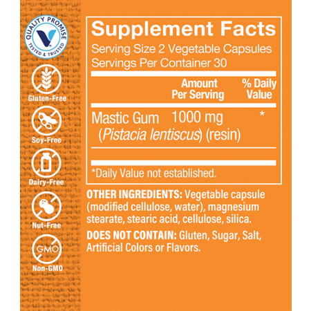 Supplement Facts label for Mastic Gum Digestive Support 1000 MG