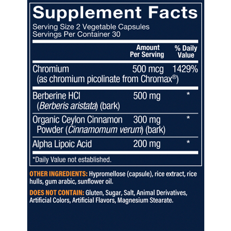 Supplement Facts label for Vthrive Advanced Blood Sugar Support 500 MG